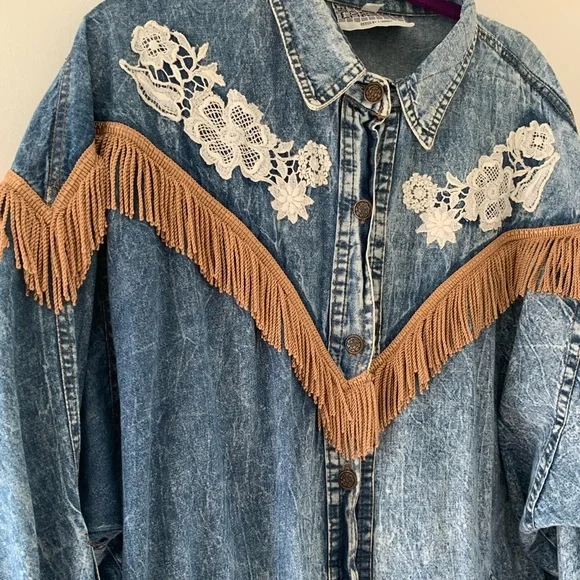 Rare 80s OOAK Vintage J Carreli Denim Acid Wash Tapestry Lace Fringe Jacket - Picture 12 of 17